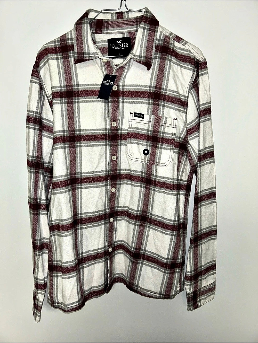 Hollister Long-Sleeve Plaid Flannel Shirt White & Burgundy Medium